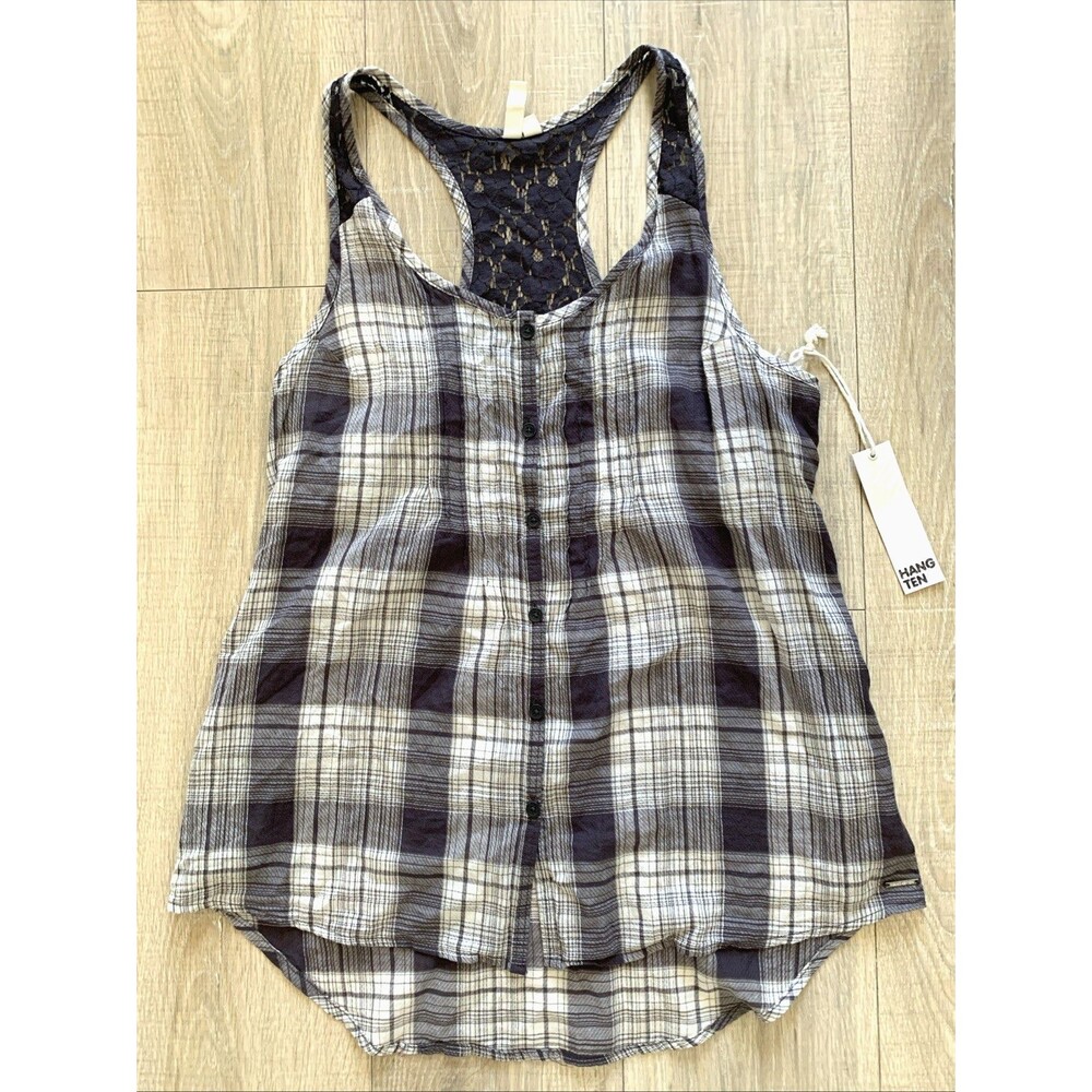 Hang Ten Button Up Racerback Lace Back Tank Top Sleeveless Plaid Gray Womens L